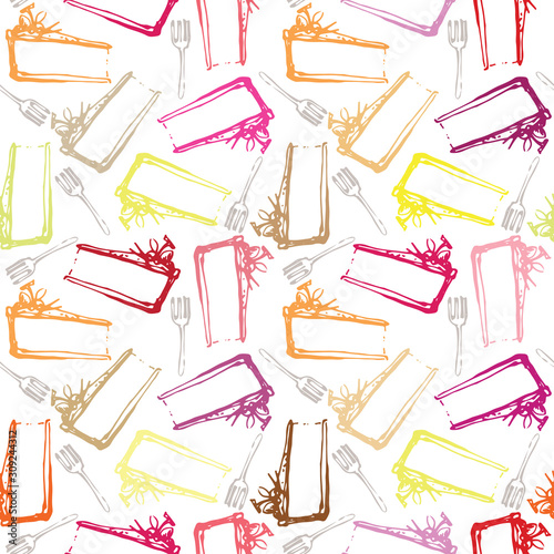 Vector illustration sketch of color cheesecake pattern with fork ink doodle