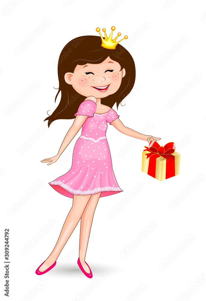 Little joyful princess with a gift. Princess in a pink dress and with a gift on a white background Little joyful princess with a gift. Princess in a pink dress and with a gift on a white background