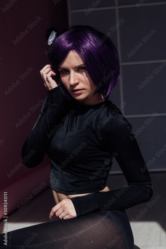 woman anime with purple hair in black dress Japan woman anime with purple hair in black dress Japan