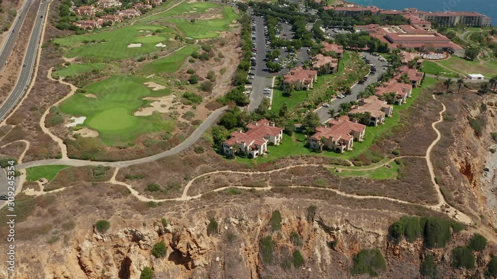 Panning aerial footage of the Terranea resort, Terranea Bluff Top Park
