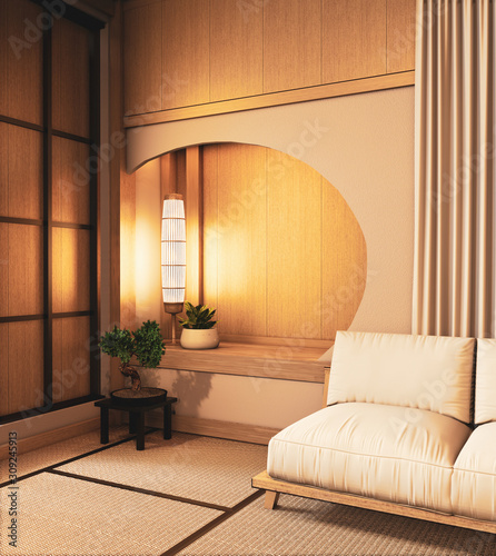 Photography Circle shelf wall on  Living room japanese deisgn with tatami mat floor