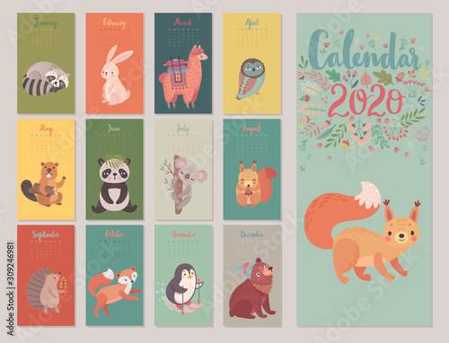 Calendar 2020 with Animals . Cute forest characters.