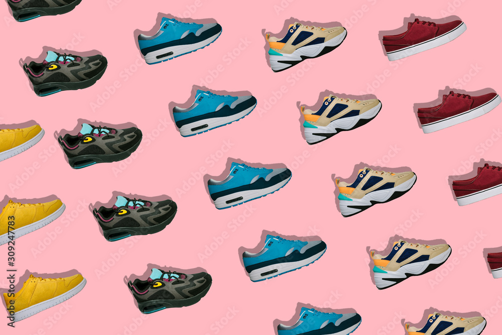 Hype sneakers on a creative colorful trend background. 80s, 90s Minimal composition