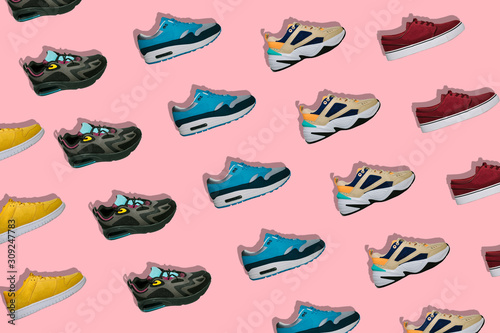 Hype sneakers on a creative colorful trend background. 80s, 90s Minimal composition