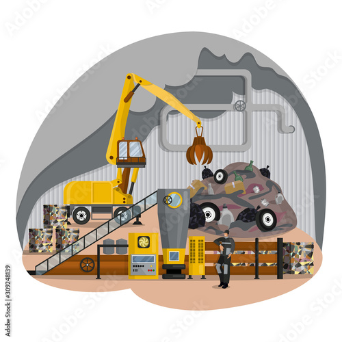 Process of compressing garbage before disposal in the production shop. Industrial solid waste press and reloading excavator, manipulator