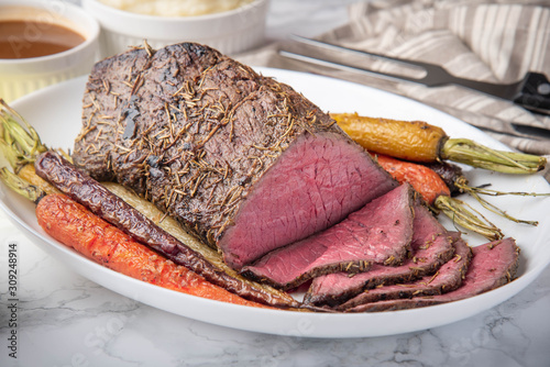top round roast beef with carrot and mushed potato