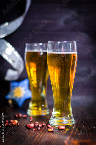 beer in glasses on christmas background