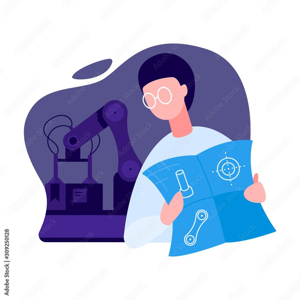 Concept of engineer designer profession. A man holds in his hands a sheet of paper with technical drawings. Development of mechanical devices Concept of engineer designer profession. A man holds in his hands a sheet of paper with technical drawings. Development of mechanical devices