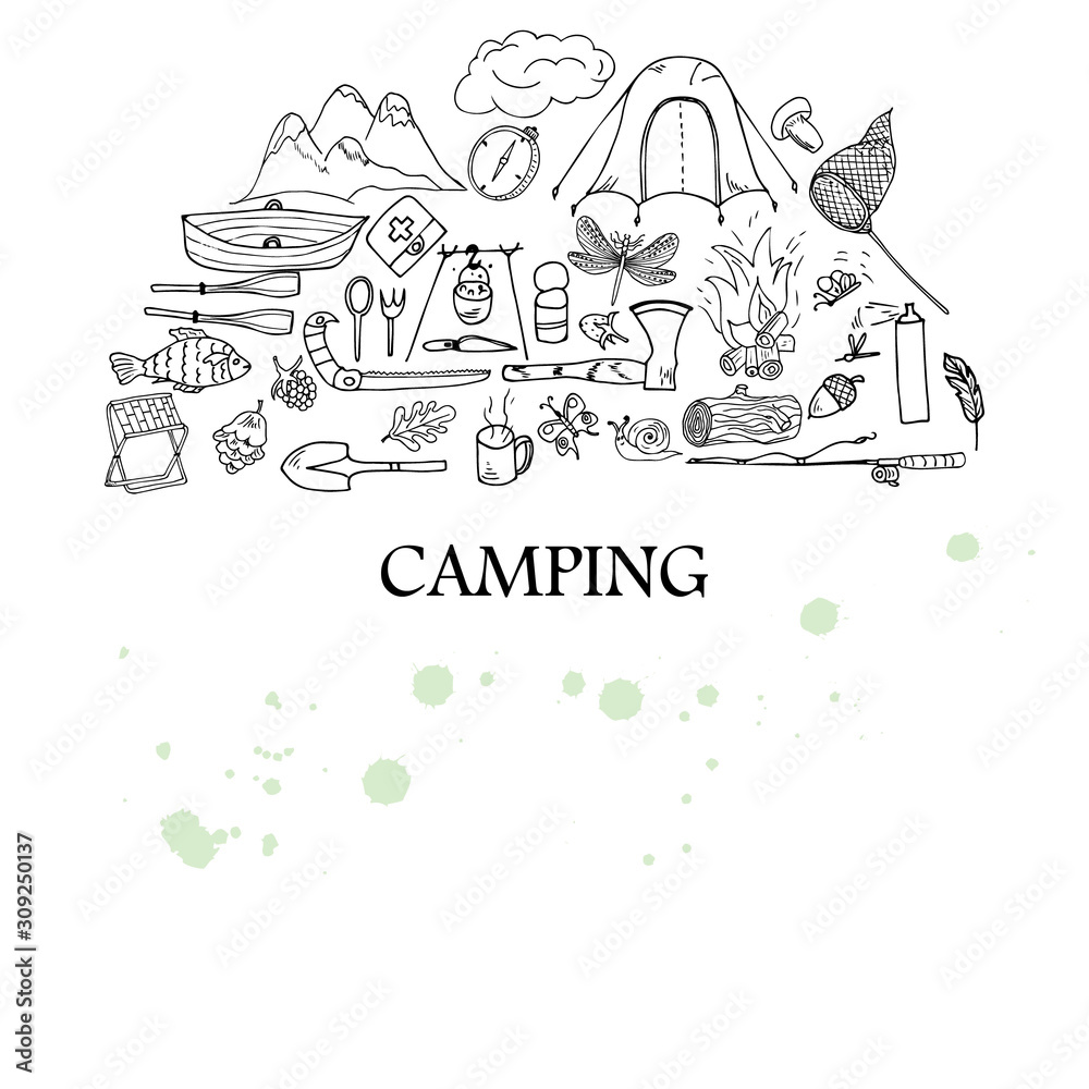 camping adventure border. Hand drawing doodle. Background for children's clothing, packaging, textiles, wrappers. hiking, camping with a tent.