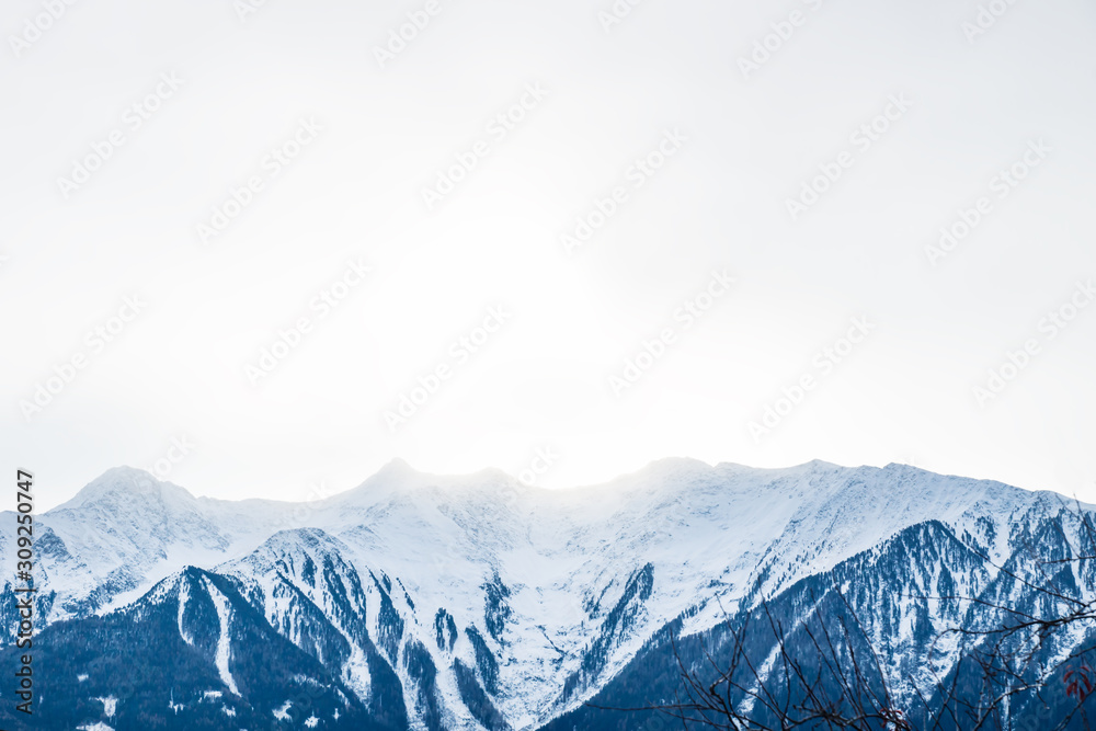 Rocky Tyrolian Alps with snow tops and backlight, Wildermieming, Tyrol, Austria