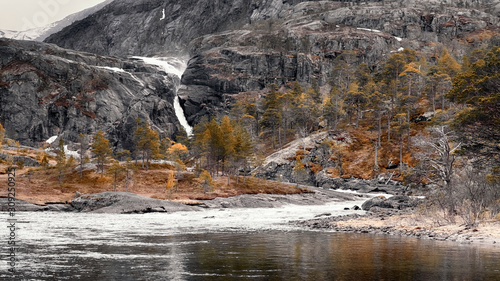 Norway nature landscape, waterfall in the national park valley of the Husedalen waterfalls