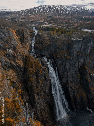 Nature and landscape of Norway, canyon waterfall panorama Voringfossen