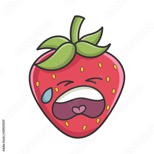 Crying sad strawberry fruit icon cartoon isolated on white