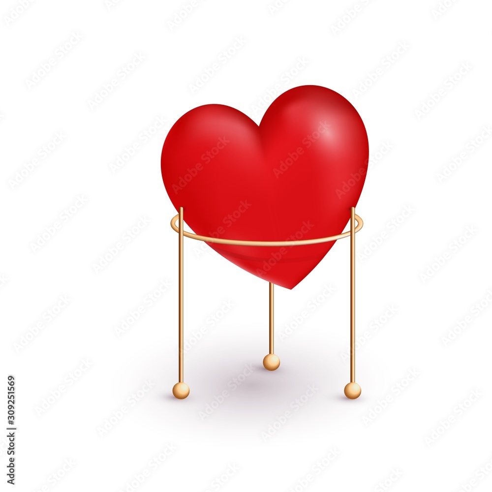 Vector 3d realistic red heart in the golden decorative support isolated on white background. Romantic decor for Happy Valentines day, wedding, symbol of love, modern design element, clipart.