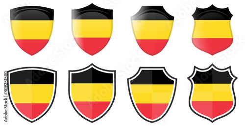 Vertical Belgian flag in shield shape, four 3d and simple versions. Belgium icon / sign