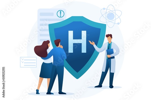 Young doctor offers health insurance to the couple. Flat 2D character. Concept for web design