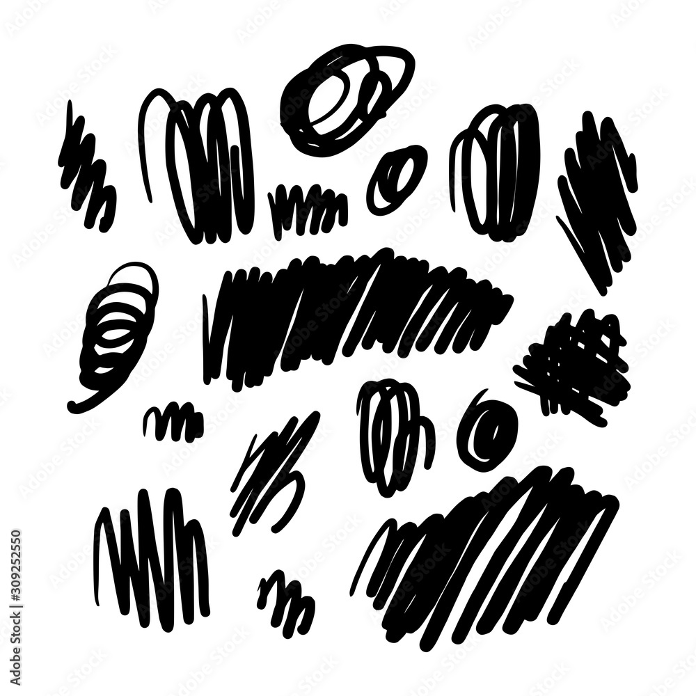 Hand drawn set of marker strokes for designs, templates etc. Vector illustration on white background. Monochrome freehand drawn scrawl sketch set vector. Collection of black and white design abstract.