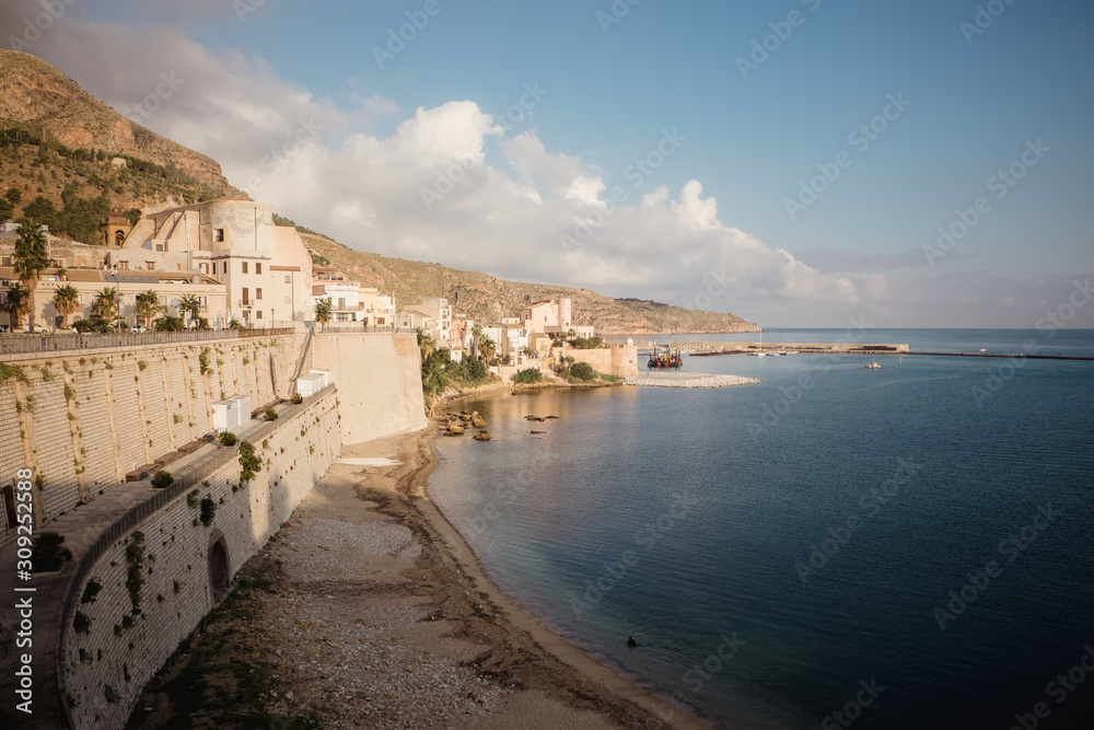 Beautiful view of sicilian city at the seashore,Castellamare del Golfo