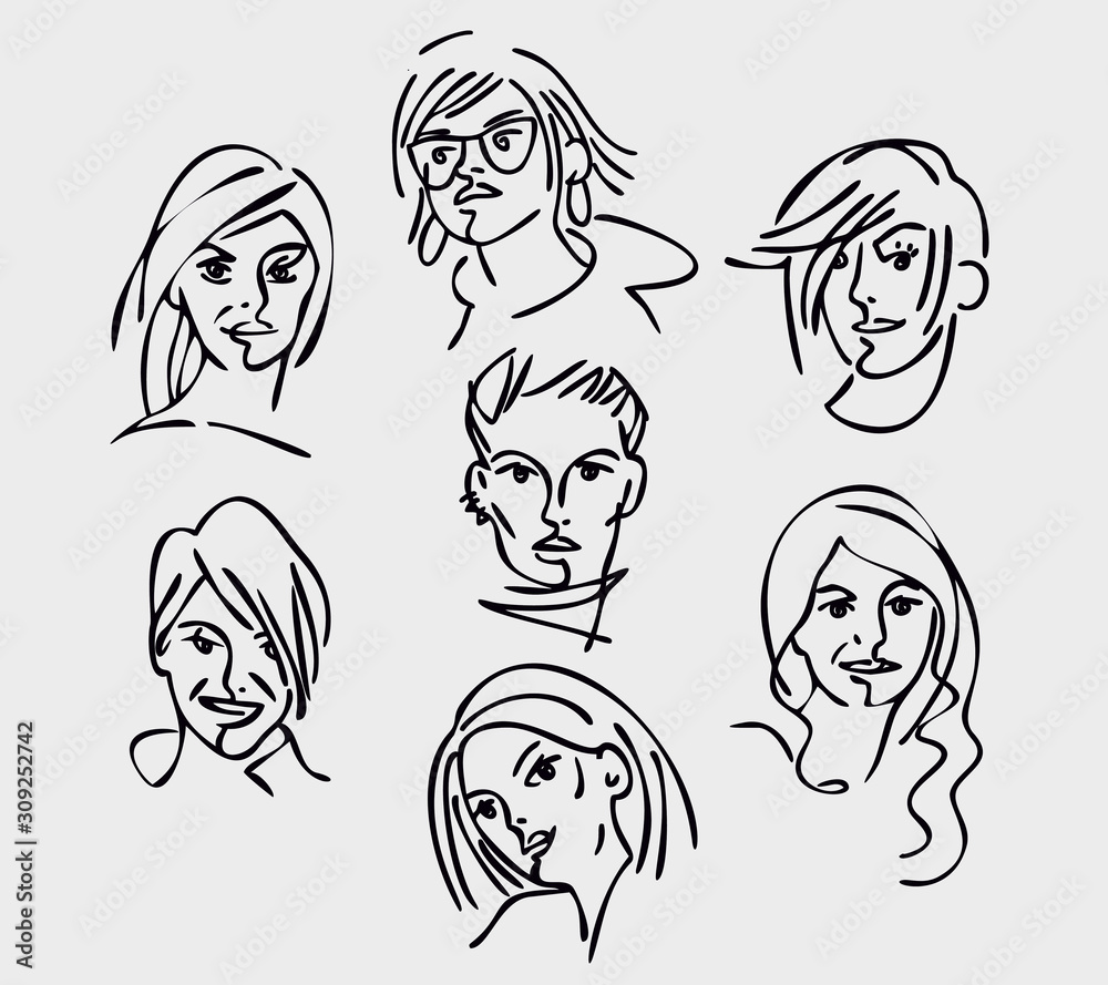 Faces of young, beautiful women of the European type. Figure, sketch is linear. Faces of young, beautiful women of the European type. Figure, sketch is linear.