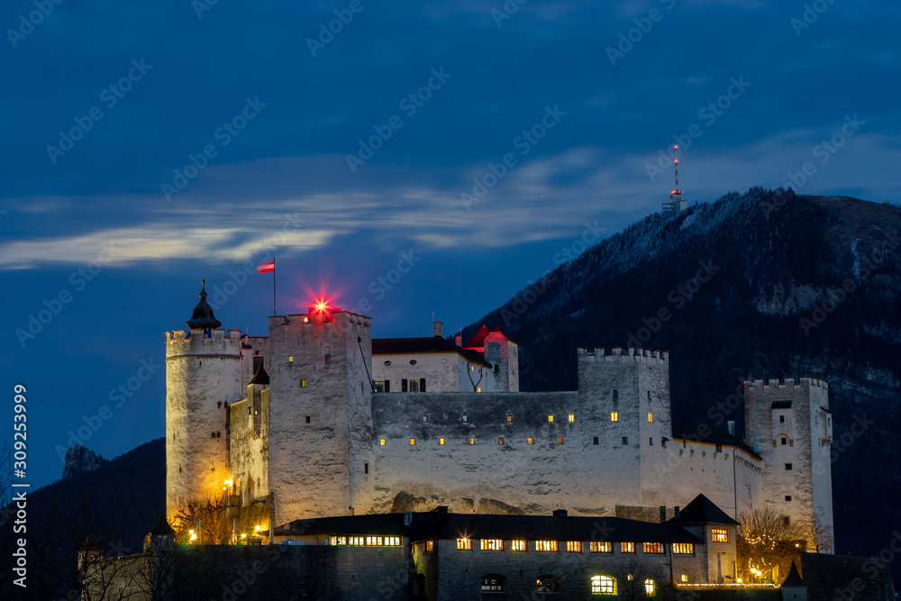 View on Salzburg castle at dusk, Hohensalzburg Fortress