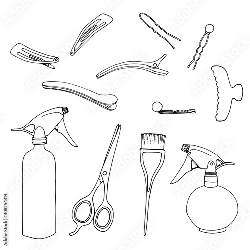 hair pins set, hairpins, hair crab, scissors, spray  black and white