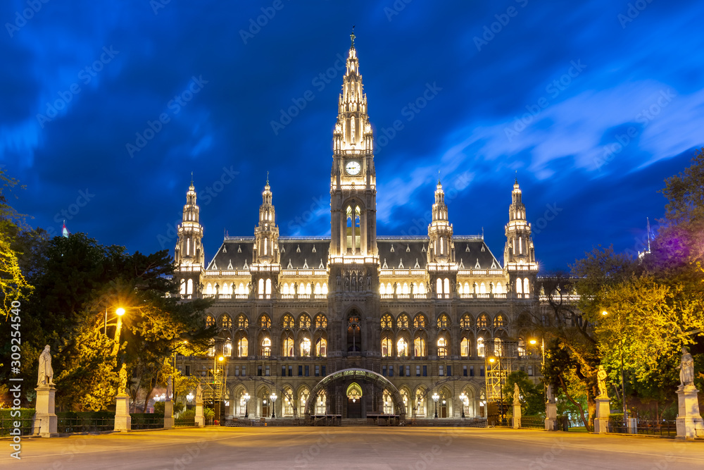 Vienna City hall (Rathaus) at night, Austria