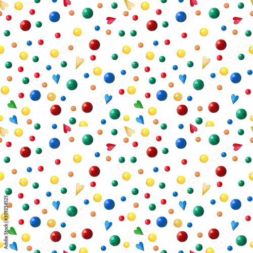Watercolor colorful seamless pattern. Hand drawn cute background. Gift paper , Wrapping paper or wallpaper design. Colorful balls, decorative circles and hearts on white background.