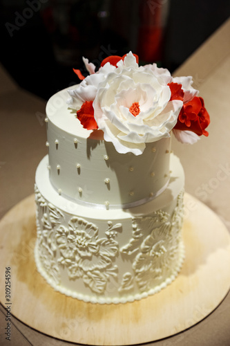 Wedding cake with flower decor.