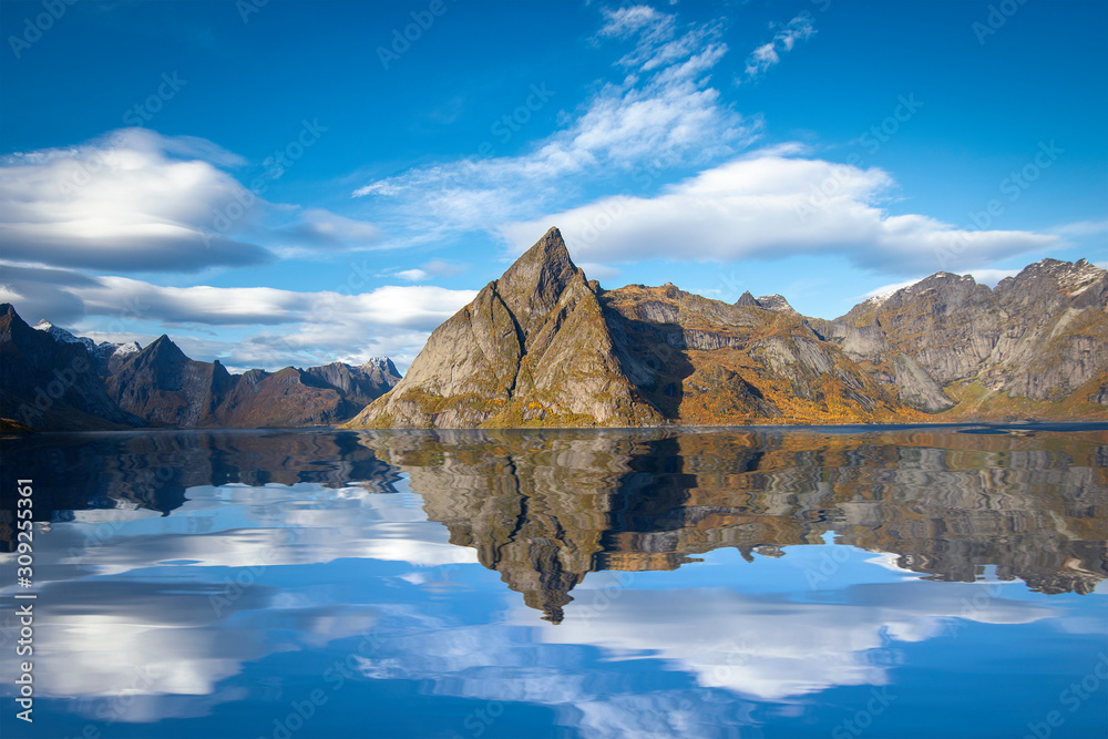 Beautiful mountain and sky  in Hamnoy village in Lofoten , Norway