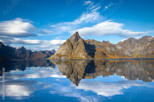 Beautiful mountain and sky in Hamnoy village in Lofoten , Norway