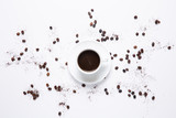 white coffee cup , coffee beans on white background. Top view.