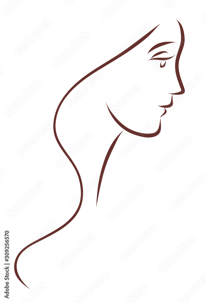 Outline drawing of a beautiful girl with a long hairstyle on a white background. Vector illustration.