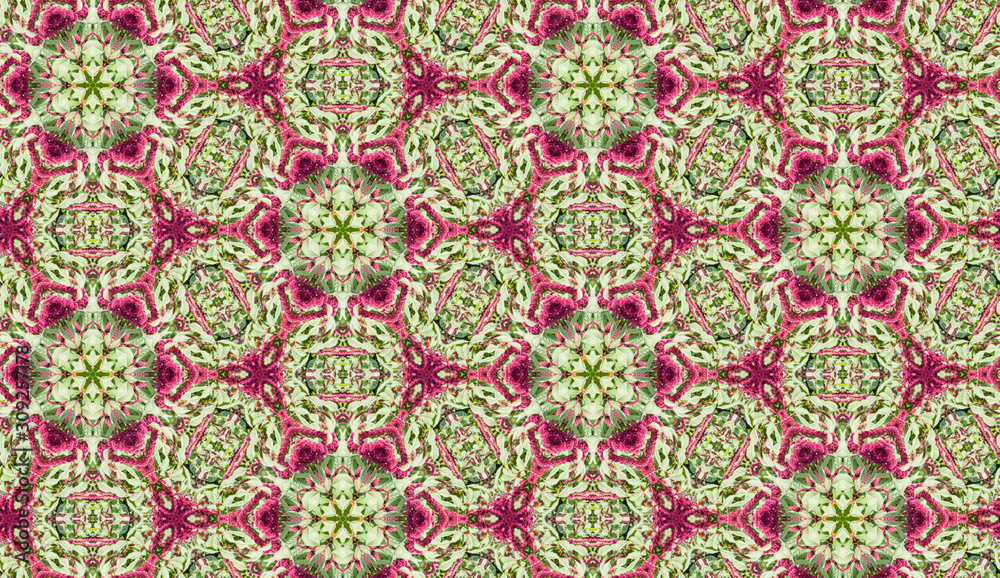 Background seamless pattern from the circle figures green and magenta colored. Geometric design template with symmetric ornament of greenery and pink flowers