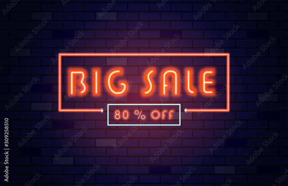 Obraz premium Sale banner template neon light style. Big sale 80% off. Special offer season. 2020 color of the year.