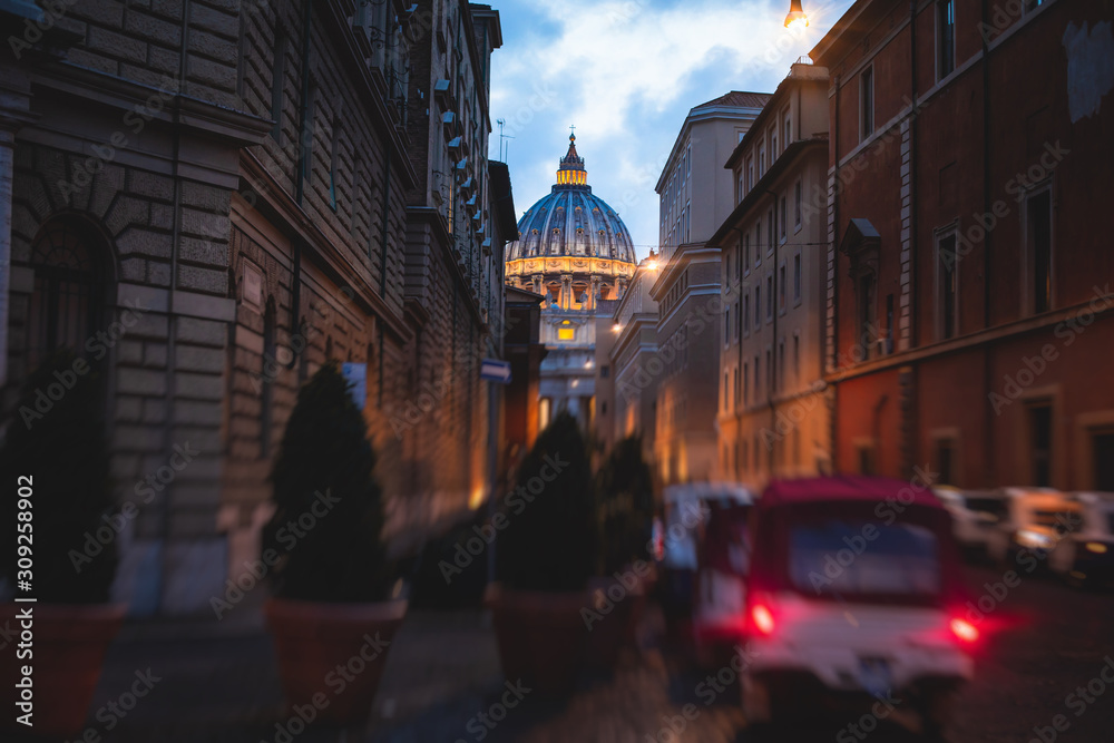 Beautiful night view of Papal St. Peter's Basilica, Vatican City, Rome, Italy