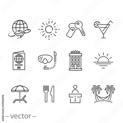 Summer travel and relax icon set, traveling signs, tourism and vacation, thin line web symbols on white background - editable stroke vector illustration
