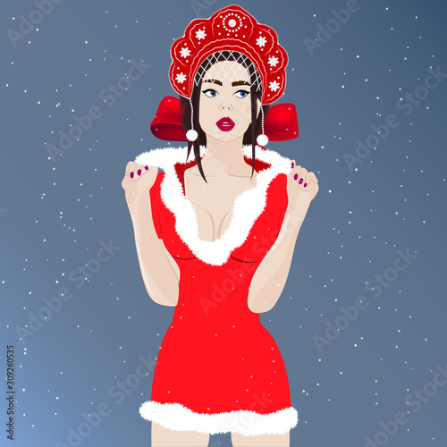 Christmas beauty in a red suit with a crown on her head. Vector art