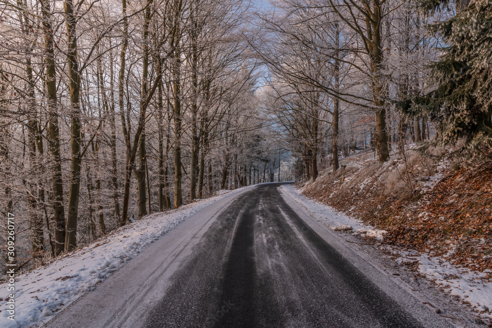 Winter morning with snowy road in color forest in Krusne mountains