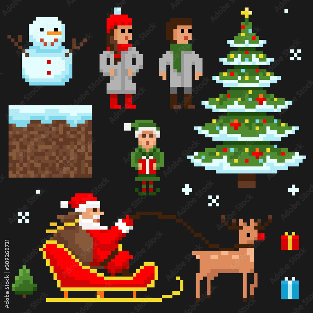 Pixel art. Set with santa claus and christmas tree. Vector illustration. Pixel art. Set with santa claus and christmas tree. Vector illustration.
