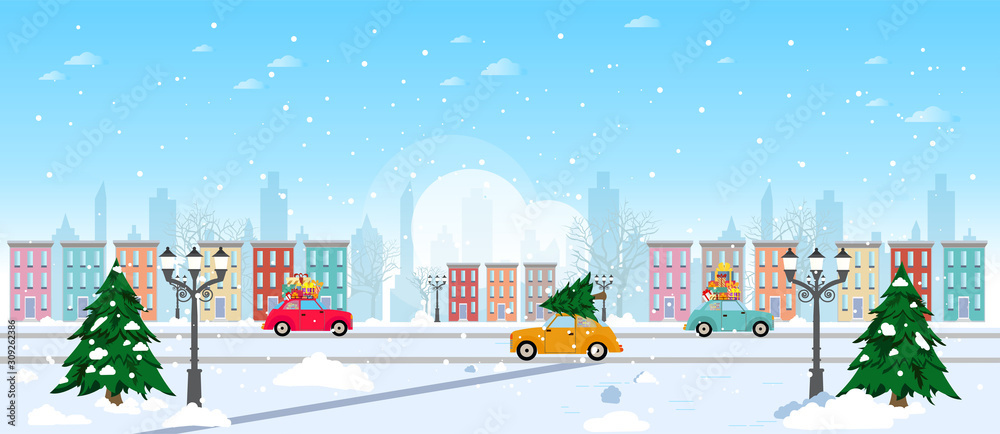 Fototapeta Wektor nowej zimowej ulicy starego miasta z choinkami i przejeżdżającymi samochodami z prezentami