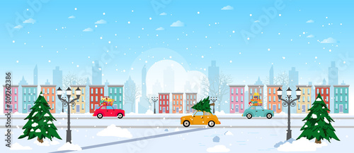 Fototapeta Wektor nowej zimowej ulicy starego miasta z choinkami i przejeżdżającymi samochodami z prezentami