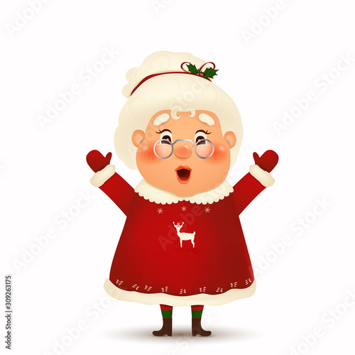Happy Mrs. Claus cartoon character isolated. Christmas Cute, Cheerful, funny wife Mrs Claus waving hands and greeting. Mrs Claus for winter and new year winter holidays. vector.