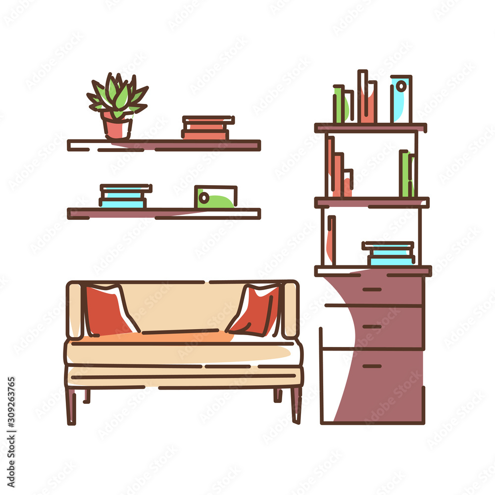 Living room interior color line icon. Design of a cozy room ...