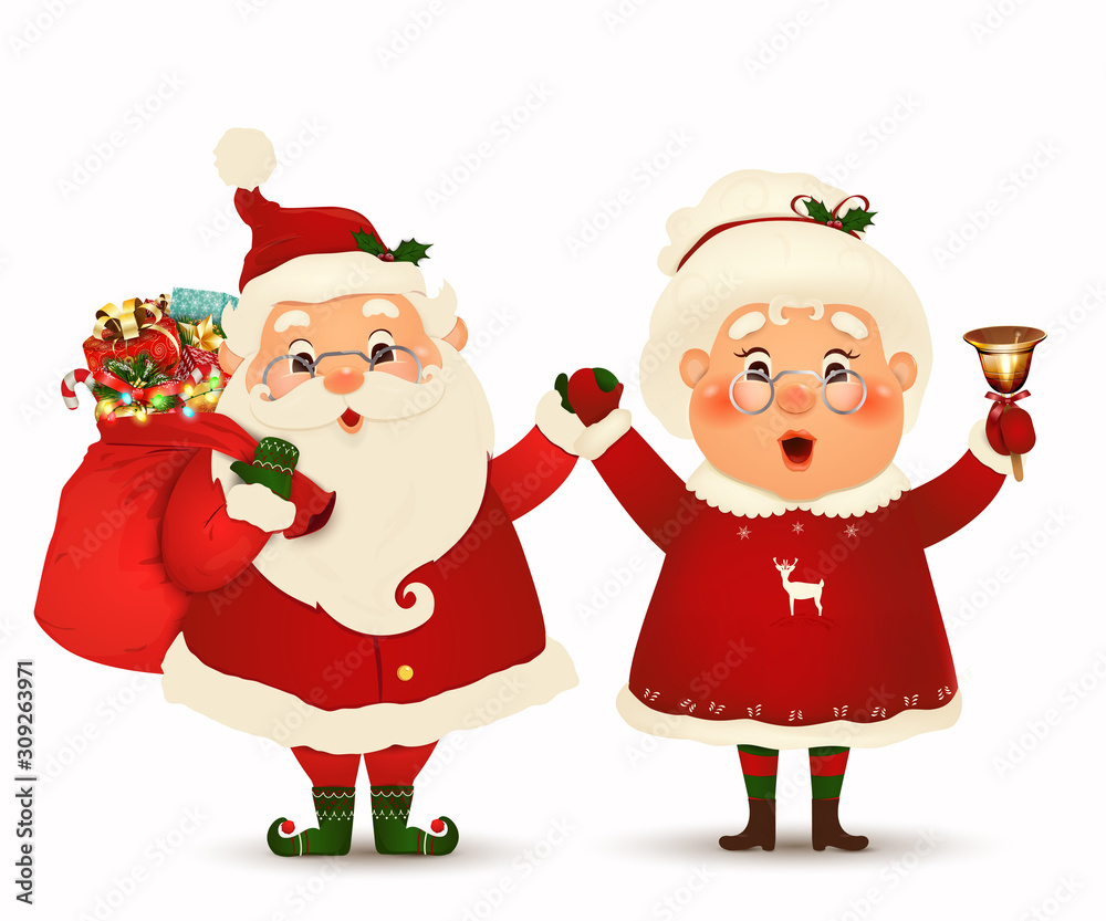 Mrs. Claus Together. Vector cartoon character of Happy Santa Claus and his wife isolated. Christmas family celebrate winter holidays. Cute Santa Claus with Mrs. Claus waving hands and greeting. Mrs. Claus Together. Vector cartoon character of Happy Santa Claus and his wife isolated. Christmas family celebrate winter holidays. Cute Santa Claus with Mrs. Claus waving hands and greeting.