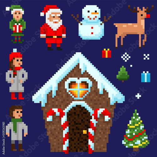 Pixel art. Set with santa claus and christmas tree. Vector illustration. © bettiluna