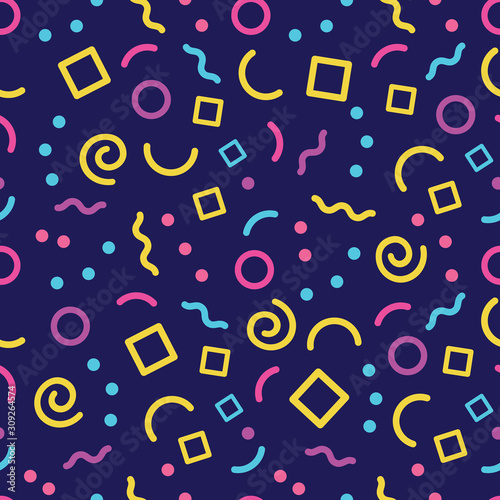 Colorful geometric vector seamless pattern with illustration of waves, arcs, dots, squares and dark background