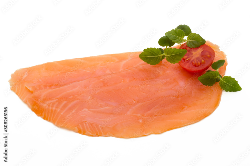 Fresh salmon slice and spice on the white background.