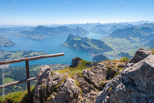 A beautiful panoramic view of Lake Lucerne and the Alps from Mount Pilatus, Switzerland