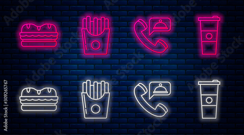 Set line Potatoes french fries in carton package box, Food ordering, Sandwich and Paper glass and water. Glowing neon icon on brick wall. Vector