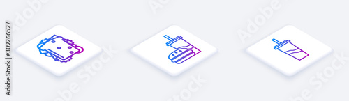 Set Isometric line Sandwich, Paper glass with drinking straw and burger and Paper glass with drinking straw and water. White square button. Vector